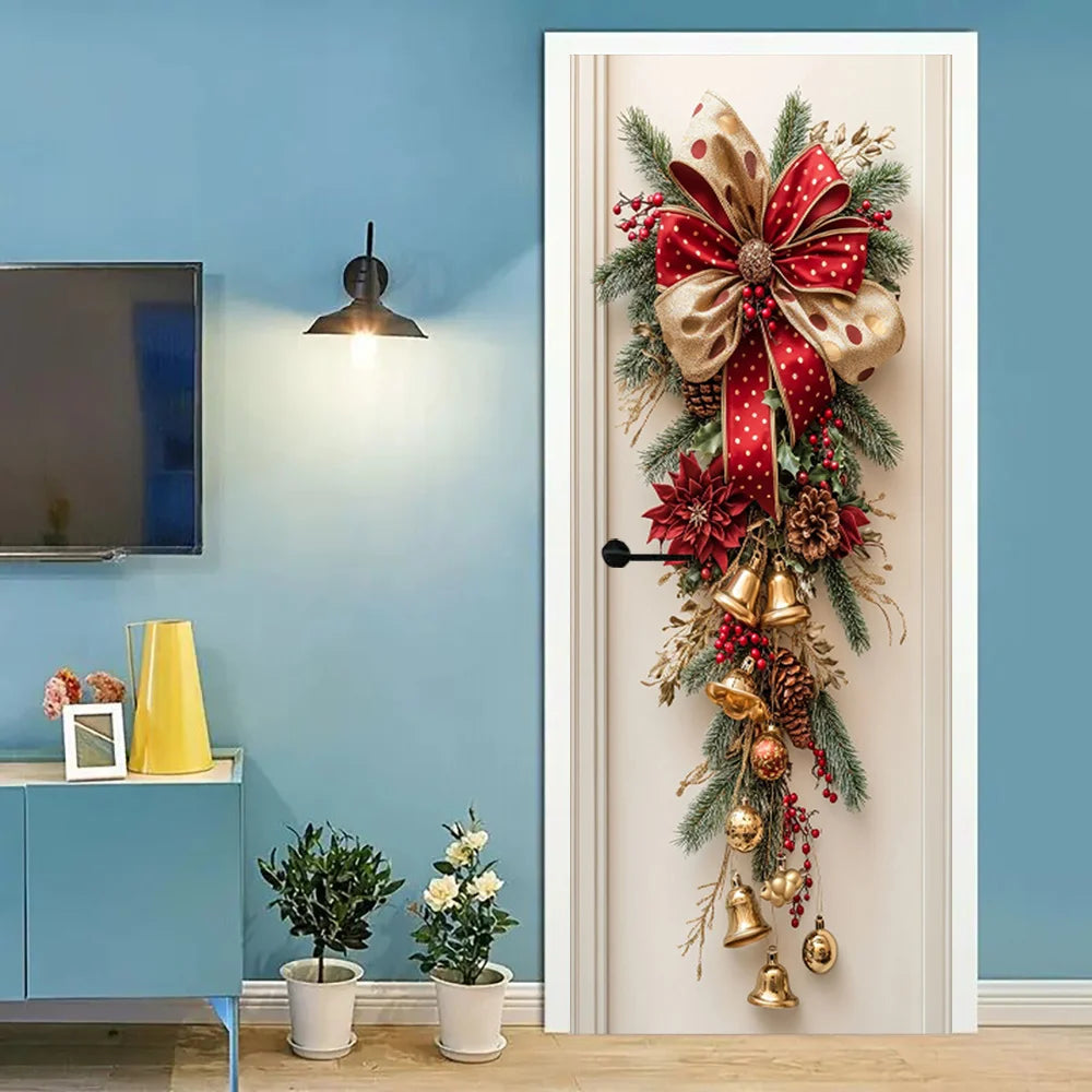 1 Christmas wall decoration - hanging decoration with red bells and green leaves - holiday room decoration, holiday design