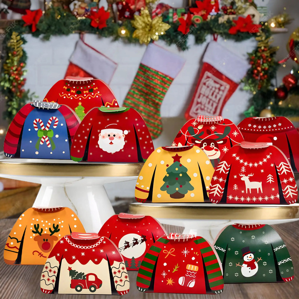 24pcs Christmas Candy Boxes Assorted 3D Christmas Ugly Sweater Cookie Paper Boxes Cloth Shape Treat Box for Xmas Party Decor 